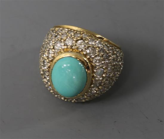 A yellow metal, turquoise and pave set diamond dress ring, size J.